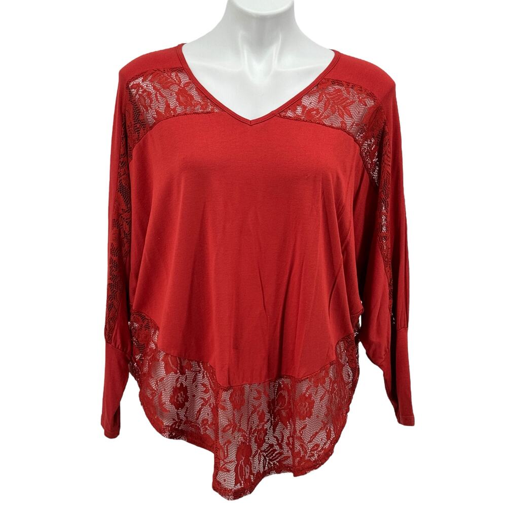 Nexty Tunic Women SZ L Red Boho Lace Lagenlook V-Neck Dolman Sleeve Blouse Top